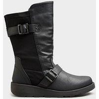 Yours Clothing Faux Leather Wedge Buckle Boots In Wide & Extra Wide Fit