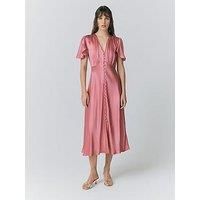 Ghost Grace Satin Button V-Neck Dress - Rose