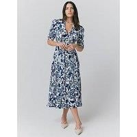 Ghost Madi Floral Crepe Midi Tea Dress - Navy Abstract Floral
