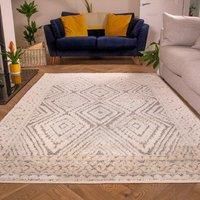 Grey Cream Diamond Geometric Loop and Tufted Shaggy Rug