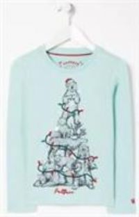 Fatface Girls Animal Christmas Tree Long Sleeve Tshirt - Aqua Blue