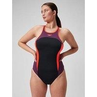 Speedo Womens High Neck Splice Cross Back Swimsuit - Black/Pink