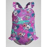 Speedo Girls Learn to Swim Printed Frill Thin Strap Swimsuit | Chlorine Resistant | Quick Drying, Neon Violet, 2YRS