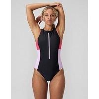 Speedo Womens Zip Colorblock 1 Piece Swimsuit - Black/Pink