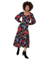 Joe Browns Women/'s Fashion Balloon Sleeve Gathered Floral Midi Jersey Dress, Regular Fit, Red, UK 8
