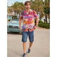 Joe Browns Men's Sunset Palm Tree Short Sleeve Revere Collar Shirt, Orange, S