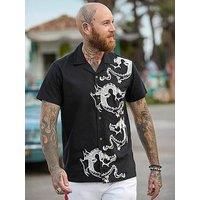 Joe Browns Men/'s Embroidered Dragon Short Sleeve Revere Collar Shirt Button, Black, S