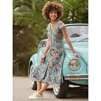 Joe Browns Women/'s Romantic Rose Print V-Neck Knee Length Dress, Blue, 14