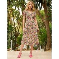 Joe Browns Women/'s Frilly Floral Shirred-Back Midi Dress, Yellow, 12