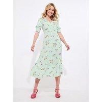 Joe Browns Women/'s Ditsy Floral Mock Button Midi Dress, Regular Fit, Green, UK 14