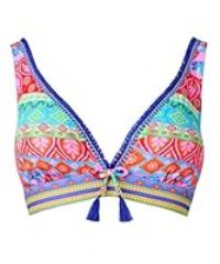 Joe Browns Women/'s Recycled Content Patchwork Tassel Trim Bikini Top, Blue Multi, 14