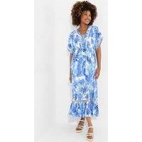 Joe Browns Women/'s Fashion Tropical Print Kimono Sleeve Boho Tassel Maxi Dress, Regular Fit, Blue, UK 18