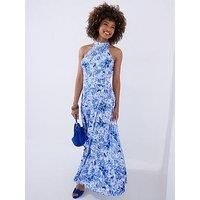 Joe Browns Petite Sasha Floral Print Halterneck Dress - Blue
