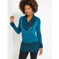 Joe Browns Women/'s Cosy Shawl Neck Button Detail Jumper Sweater, Teal, 18