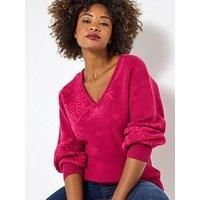 Joe Browns Women/'s Relaxed Fit Paisley V-Neck Jumper Sweater, Pink, 14