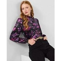 Joe Browns Women/'s Floral Print Velour High Neck Top Blouse, Black, 12