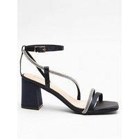 Quiz Navy Satin Diamante Block Heeled Sandals