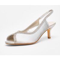 Quiz Silver Satin Diamante Low Heeled Slingback Heels