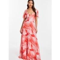 Coral Chiffon Pleated Maxi Dress