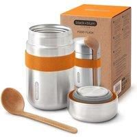 BLACK + BLUM - Food Flask - Vacuum Insulated 304 Stainless Steel Food Container with Leak Proof Lid, Nylon Strap and Natural Wood Fibre Spoon - Keeps Hot for 6 hrs, Cold for 8 hrs, Orange - 400ml