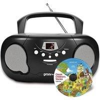 groov e Orginal Boombox & Kids Story CD Bundle - Portable CD Player with Radio, 3.5mm Aux Port, & Headphone Socket - CD Features 10 Classic Children/'s Stories - Battery or Mains Powered - Black