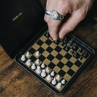Iron and Glory Travel Chess Set - Magnetic Traveling Mini Chess Set with Aluminum Carrying Case, Black and Gold