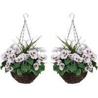 GreenBrokers 2 x Artificial White Faux Silk Pansies and Grasses Rattan Hanging Baskets Ideal for Home, Business, Outdoor Living 52cm/20in