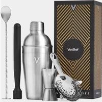 VonShef Silver Cocktail Making Set - Manhattan Cocktail Set with Stainless Steel Shaker, Wooden Muddler, Twisted Bar Spoon, Hawthorne Strainer and 25ml/ 50ml Shot Measuring Jigger - Gift Box Included