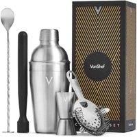 VonShef Silver Cocktail Making Set - Manhattan Cocktail Set with Stainless Steel Shaker, Wooden Muddler, Twisted Bar Spoon, Hawthorne Strainer and 25ml/ 50ml Shot Measuring Jigger - Gift Box Included