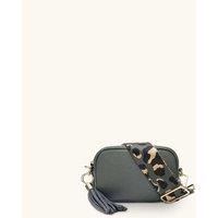 The Mini Tassel Dark Grey Leather Phone Bag With Grey Leopard Strap