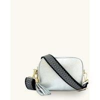 Silver Leather Crossbody Bag With Black & Silver Chevron Strap