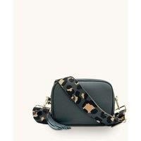Dark Grey Leather Crossbody Bag With Grey Leopard Strap