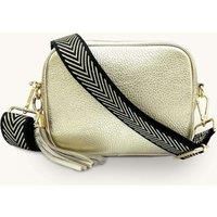 Gold Leather Crossbody Bag With Black & Gold Chevron Strap
