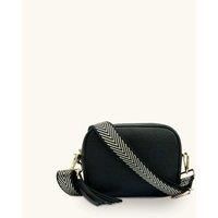 Black Leather Crossbody Bag With Black & Gold Chevron Strap