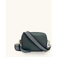 Dark Grey Leather Crossbody Bag With Black & Silver Chevron Strap