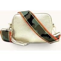 Gold Leather Crossbody Bag With Orange & Gold Stripe Camo Strap