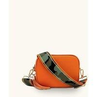 Orange Leather Crossbody Bag With Orange & Gold Stripe Camo Strap