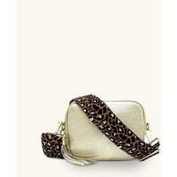 Gold Leather Crossbody Bag With Tan Cheetah Strap
