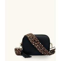 Black Leather Crossbody Bag With Tan Cheetah Strap