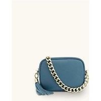 Denim Blue Leather Crossbody Bag With Gold Chain Strap