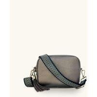 Bronze Leather Crossbody Bag With Black & Gold Chevron Strap