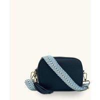 Navy Leather Crossbody Bag With Denim Blue Chevron Strap