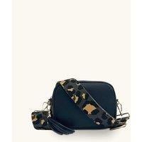 Navy Leather Crossbody Bag With Grey Leopard Strap