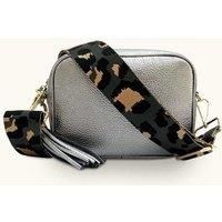 Pewter Leather Crossbody Bag With Grey Leopard Strap