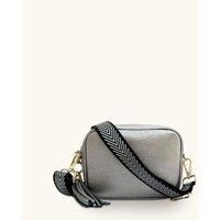 Pewter Leather Crossbody Bag With Black & Silver Chevron Strap
