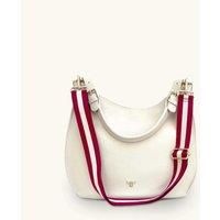 The Harriet Stone Leather Bag With Red and Gold Stripe Strap