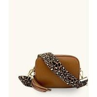Tan Leather Crossbody Bag With Tan Cheetah Strap