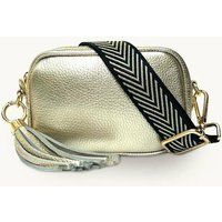 The Mini Tassel Gold Leather Phone Bag With Black & Gold Chevron Strap