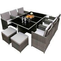 RayGar Hestia 11 Piece 10 Seater Rattan Cube Dining Table Garden Furniture Patio Set With Parasol Hole (Grey/Grey)