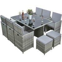 RayGar Deluxe 11 Piece 10 Seater Rattan Cube Dining Table Garden Furniture Patio Set (Grey/Grey)